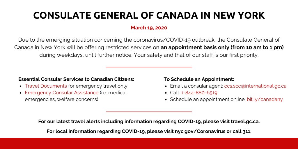 CanadaNY's tweet photo. #Consular: Due to the ongoing #COVID19 outbreak, @CanadaNY will only offer essential Consular services to Canadians by appointment only, 10 AM - 1 PM. 

Book an appointment here: https://t.co/90K84pcmBo 

Consular assistance is available 24/7 by emailing: sos@international.gc.ca https://t.co/q6I1Ejp6MJ