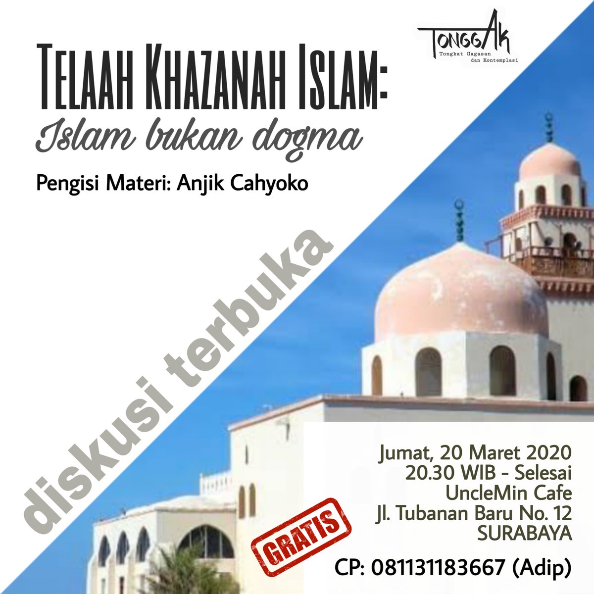 Hadiri diskusi terbuka! Jumat, 20 Maret 2020, mulai pukul 19.00 WIB, di UncleMin Cafe, Jl. Tubanan Baru No. 12, SURABAYA