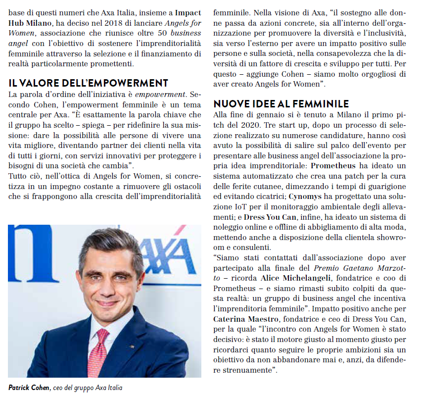 AXAItalia's tweet photo. L'#empowerment femminile è un tema centrale per #AXAItalia. Leggi l’intervista a Patrick Cohen su @InsurancReview sull’impegno della compagnia a sostenere le donne. Un esempio è #A4W, network di business angels a supporto dell'imprenditoria femminile lanciato con @ImpactHubMilano https://t.co/CJln3zsosk