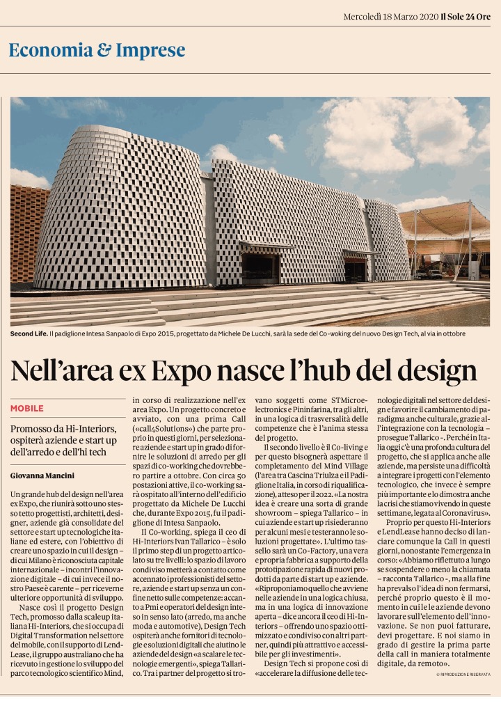 Ivan Tallarico (@ivantallarico) on Twitter photo Grazie a <a href="/sole24ore/">IlSole24ORE</a> per aver scelto di dare voce a questa iniziativa, che rappresenta il nostro contributo di fiducia nel futuro di Milano e dell’Italia, in un momento cosi grave di crisi. <a href="/hi_interiors/">Hi-Interiors</a>
#milanononsiferma #hihack #designtech #nonsolocoronavirus Grazie a <a href="/sole24ore/">IlSole24ORE</a> per aver scelto di dare voce a questa iniziativa, che rappresenta il nostro contributo di fiducia nel futuro di Milano e dell’Italia, in un momento cosi grave di crisi. <a href="/hi_interiors/">Hi-Interiors</a>
#milanononsiferma #hihack #designtech #nonsolocoronavirus