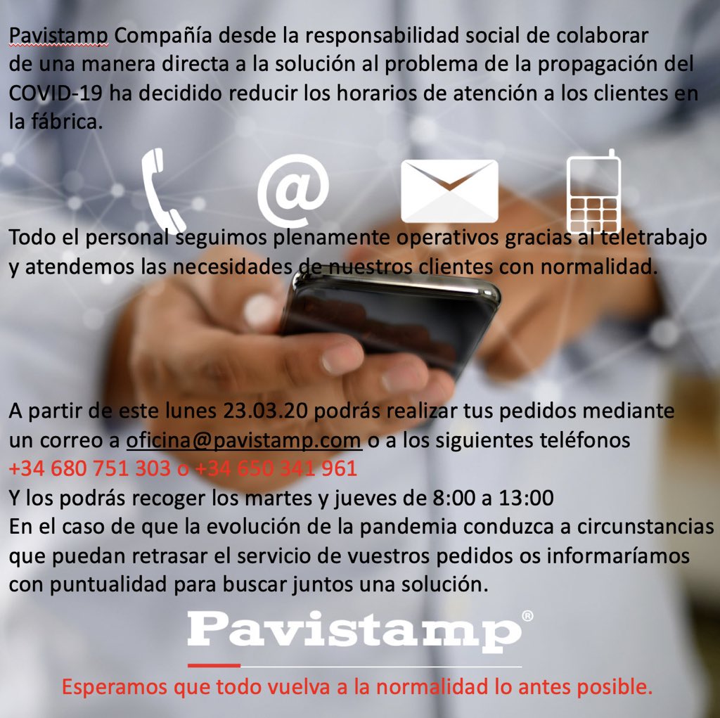 oscarpavistamp's tweet photo. INFORMACION
 
Estimados clientes, proveedores y agencias de transporte.
 
Con motivo del ESTADO DE ALARMA y como medida de precaución frente a la presente situación, les informamos. 
#pavistamp#todoalrojo🔴#alrojopavistamp#pavistampenelmundo#covid-19#yomequedoencasa#todoirabien https://t.co/L2Hg3VVM40