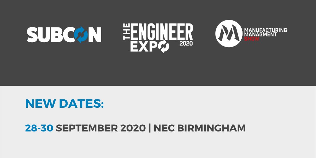 NEW DATES : Subcon, The Engineer Expo and The Manufacturing Management Show have rescheduled from 9-11 June to 28-30 September, please take a look at our full press release here: bit.ly/39YysE1

 #SubconShow #TTE2020 #MMS2020