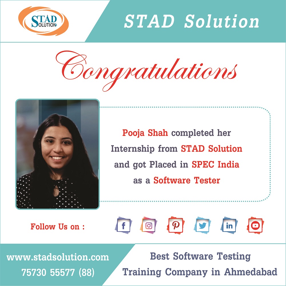 STAD_Solution's tweet image. Pooja Shah Placed as a #Software_Tester in  #SPEC_INDIA

#IT #fresher #Jobs #Placement #QA #Training #SoftwarTestingtraning #ittraininginstitute #traininginstituteinahmedabad #JobPlacement #JobGuarentee #PlacementGuarentee #interview #LiveProjectTraining