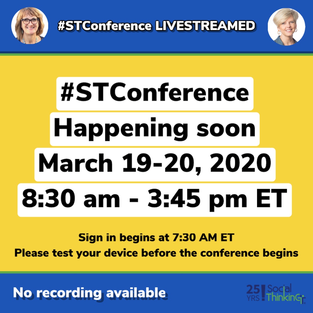 socialthinking's tweet photo. First ever Livestreamed #STConference Sign in begins at 7:30 am ET.  This one-time event will stream live in the Eastern Time Zone &amp; will not be recorded. Please test your device before the conference begins (chrome browser recommended) https://t.co/AN7Rv9VOmU #socialthinking https://t.co/X0Sga8ykST
