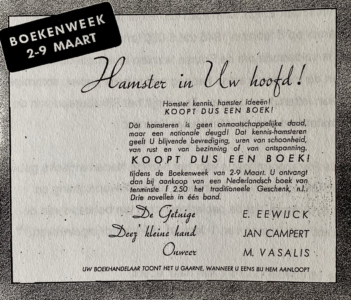 EtenMetMara's tweet image. Hamster in uw hoofd! Advertentie voor de boekenweek uit 1940. #hamsteren