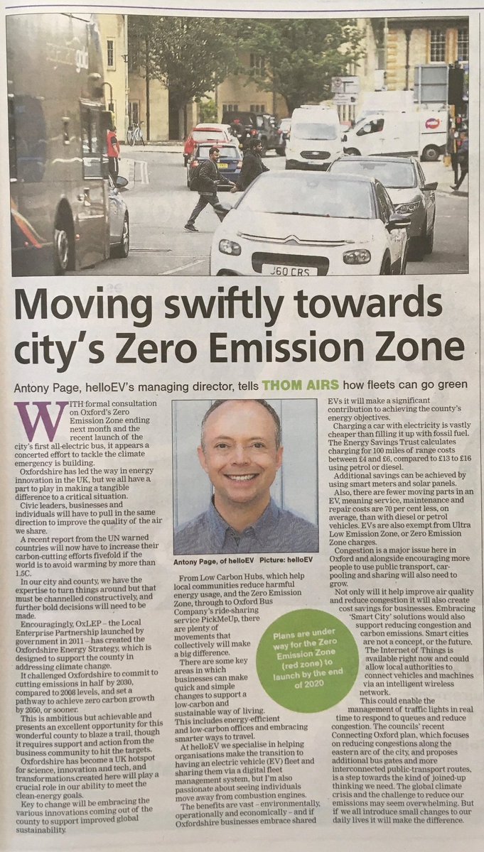 helloEV3's tweet image. Great piece in the Oxford Times today with our MD Antony Page on how fleets can use EV sharing technology to support a low carbon future. #EVs #Lowcarbon #ZEZ