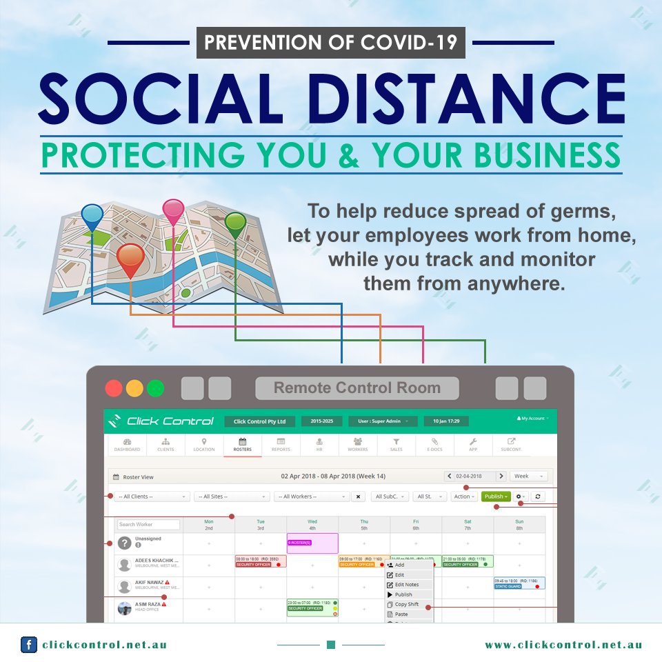 clickcontrol_au's tweet image. Prevention of COVID-19 - Social Distance
Protecting you & your business
To help reduce spread of germs, let your employees work from home, while you track and monitor them from anywhere.
#ClickControl #COVID19 #Coronavirus #RemoteWorkers #WFM #Fieldforce #WorkforceManagement