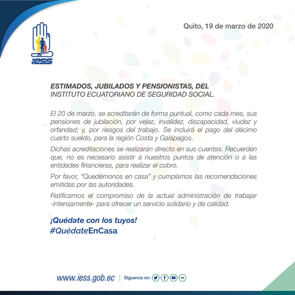 IESSec's tweet photo. #IESSComunicadoOficial | A nuestros jubilados y pensionistas, del Instituto Ecuatoriano de Seguridad Social, informamos: ⬇️ https://t.co/rGLgunfodc