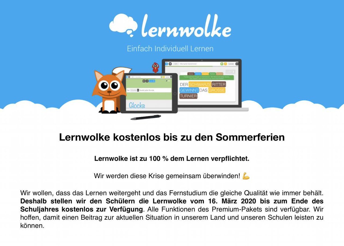 📢Weitererzählen‼️ Damit niemand ohne Lernen bleibt 📚! Lernwolke☁️ kostenlos für alle Schulen🏫 während #COVID19/#SARSCoV2. 
Info: lernwolke.ch/coronavirus