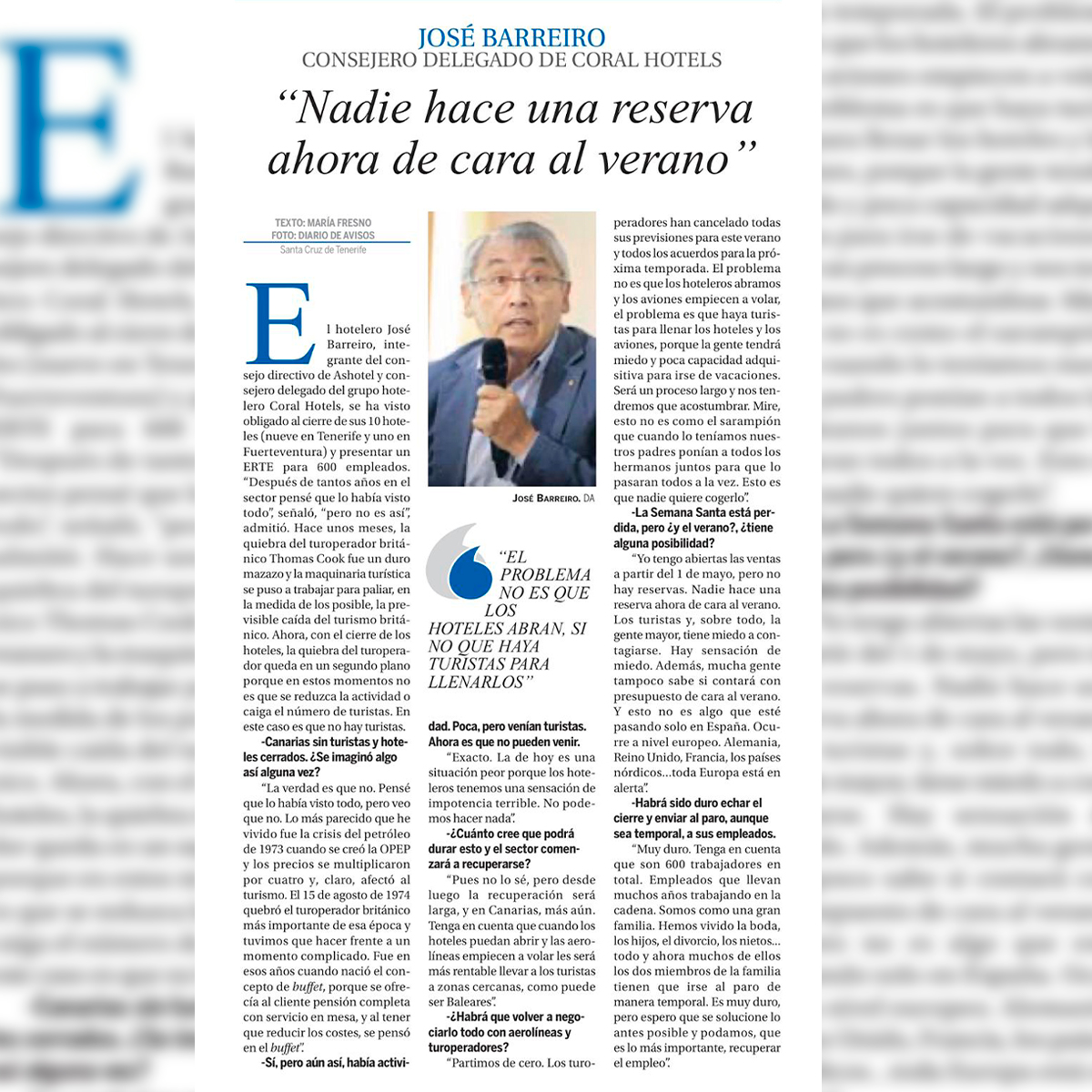 CorCalifornia's tweet photo. 🗣️ "El problema no es que los hoteles abran, sino que no haya turistas para llenarlos". José Barreiro, Consejero Delegado y propietario de Coral Hotels, da en esta entrevista a Diario de Avisos su visión sobre cómo está afectando esta crisis al sector turístico.

#CoralHotels https://t.co/BpT8L8bkSy