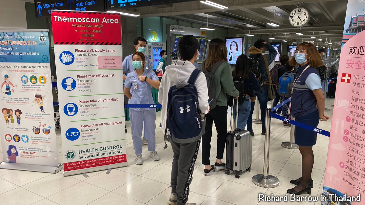 After disembarking, everyone, regardless of which flight, went through a thermal scanner. Anyone with a fever would be pulled aside and taken to a hospital for further examination. But that apparently rarely happens. [2/12]  #COVID19  #Thailand – at  Suvarnabhumi Airport (BKK) ท่าอากาศยานสุวรรณภูมิ