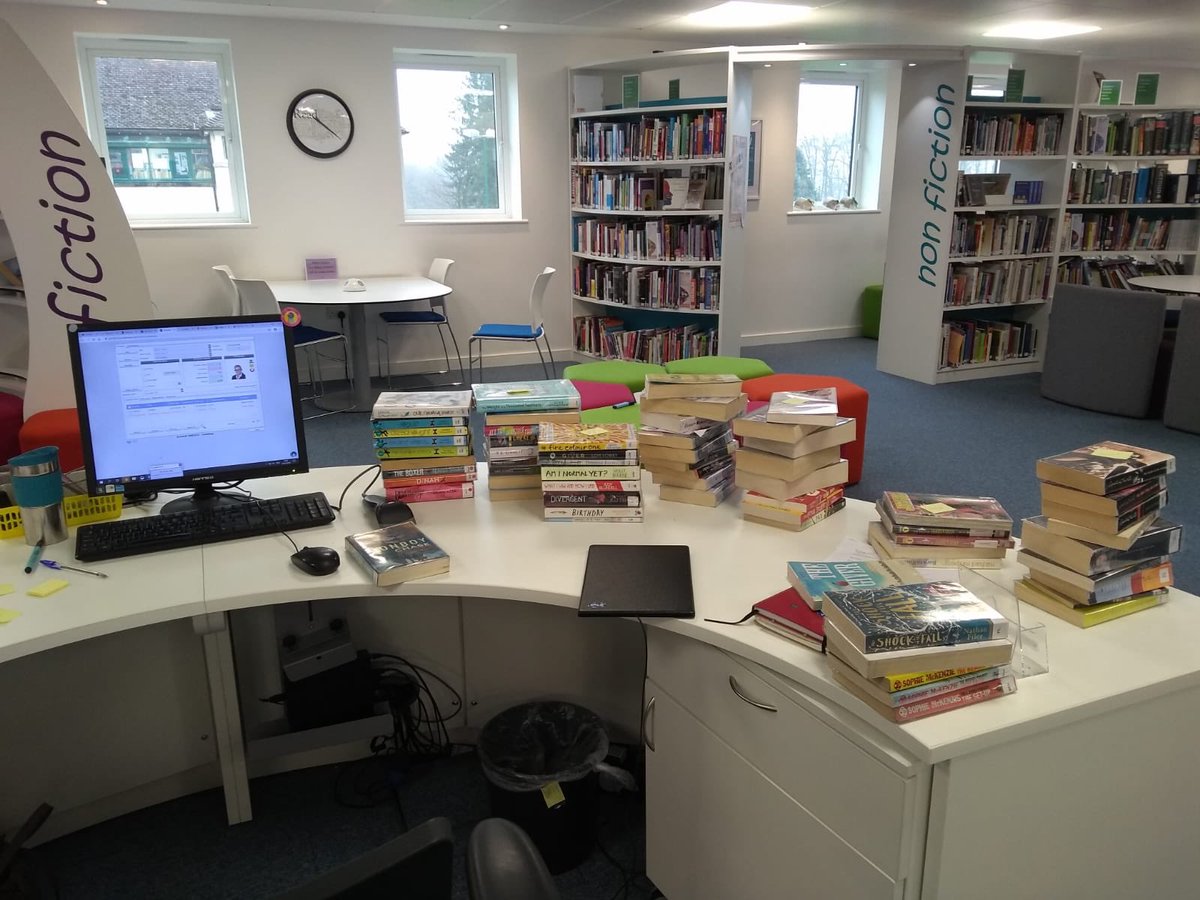 PipersLibrary's tweet image. Book piles left after a very hectic break. Students returning to collect. #lovereading