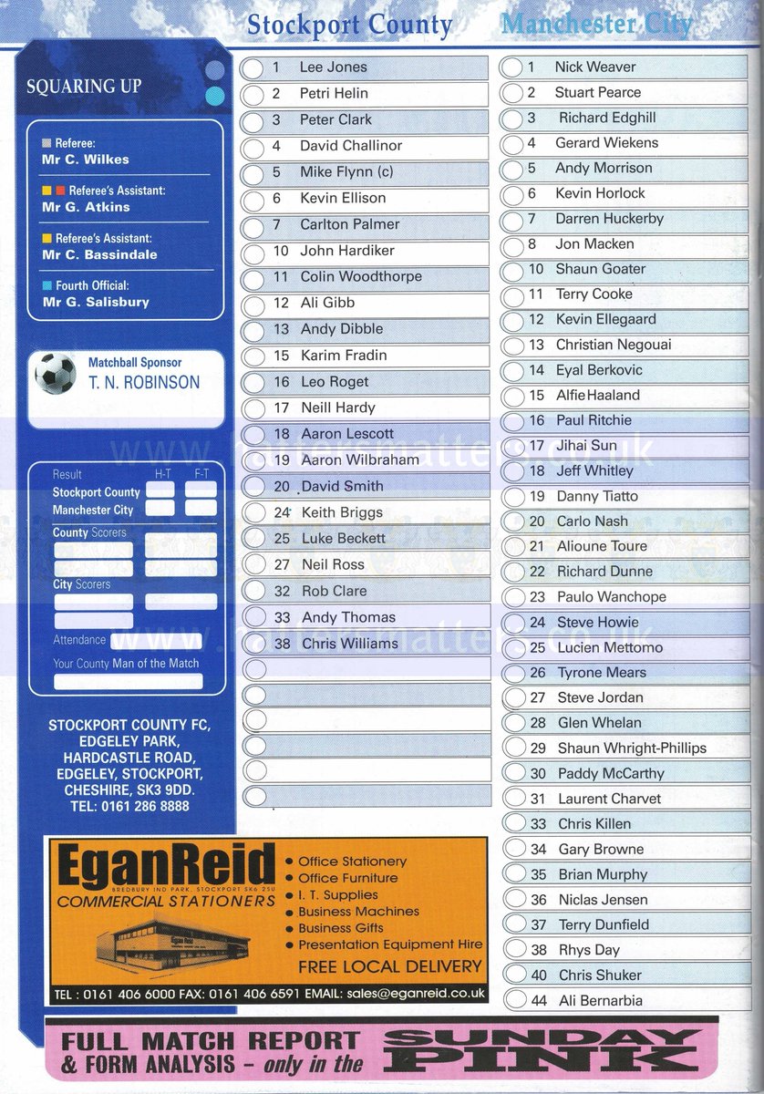 🆚 <a href="/ManCity/">Manchester City</a> / Manchester City
📆 Tuesday 19th March 2002
🏆 Nationwide League Division One
📍 Edgeley Park
👤 9,547

➡️ Match info: bit.ly/33vsNCO

#ManchesterCity #StockportCounty #Hatters