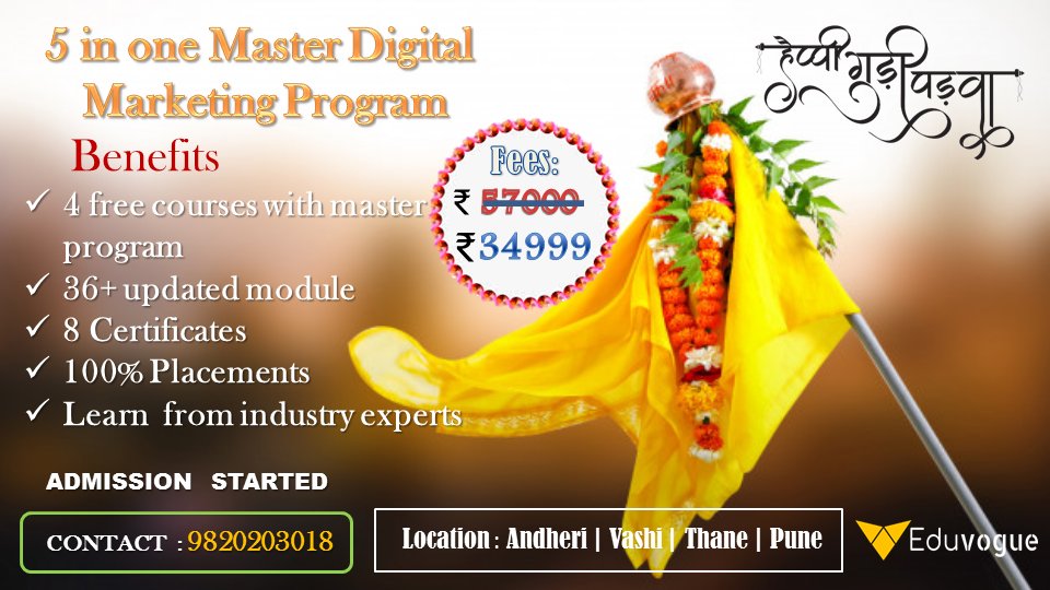 Macjack70614322's tweet photo. 5 in one Master digital marketing program
Gudi padwa offer 
hurry up #DigitalTransformation #socialmediamarketing
#seo #eduvoguekavaada #eduvogue https://t.co/Sa8TdRamQh