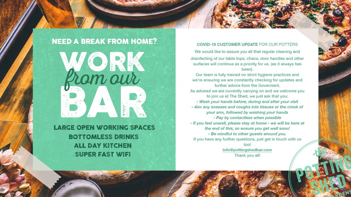 🌸💻WORK FROM THE SHED 💻🌸

Potters!
Are you tired of working from home? Join us at The Shed!

We're offering our space as YOUR NEW OFFICE!

We have:
- Ultra fast wi-fi
- Bottomless selected soft drinks &amp; coffee for £3
- Large open work spaces
- All day kitchen