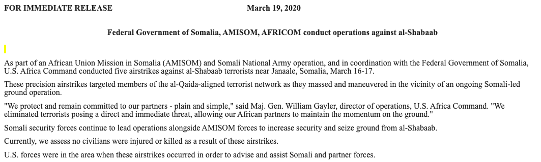 Meanwhile in Somalia5 airstrikes - no assessed EKIA count, oddly
