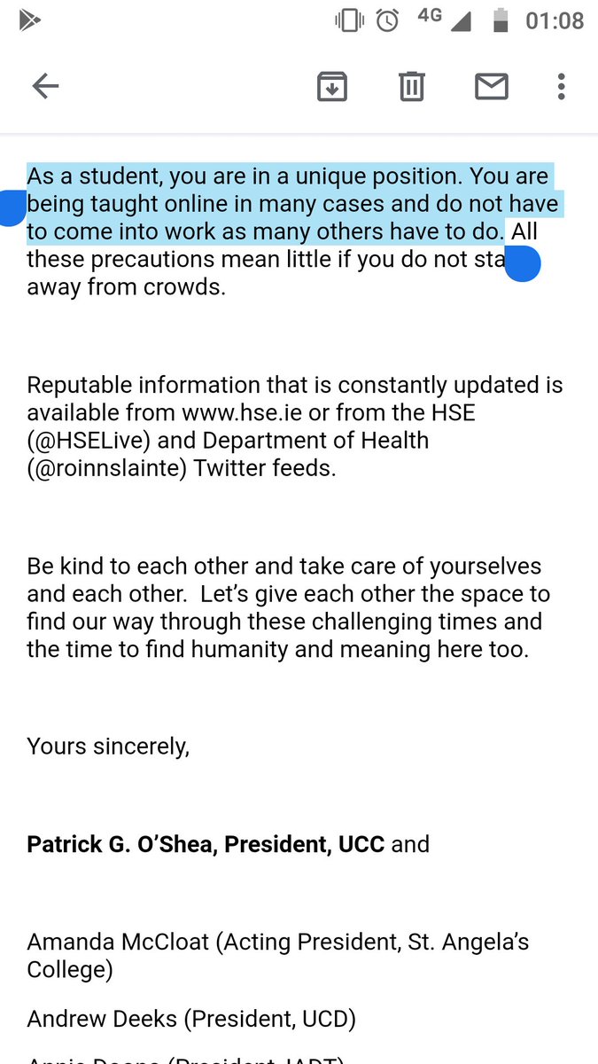Tom Redmond This In An Email Sent To Every Third Level Student In Ireland Cosigned By Every President Of A University Or It No Comfort To Those Still Working Or