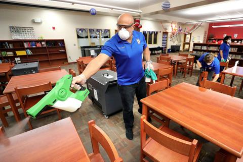 avalondotred's tweet photo. #Custodial workers from #OrangeCounty #PublicSchools in Orlando, USA, use an #electrostatic #disinfectant sprayer to deep #clean at #Wetherbee Elementary School - #coronavirus #corvid19 #epidemic #virus #pictureeditor Pic:Joe Burbank https://t.co/ORPAAjDPm1 https://t.co/sg8ar7XDjm