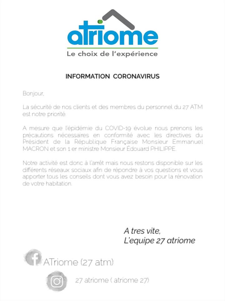 information coronavirus #COVID19 #COVID2019 #Covid_19fr #COVID19france #ConfinementJour3 #confinement #RESTEZCHEZVOUS #atriome