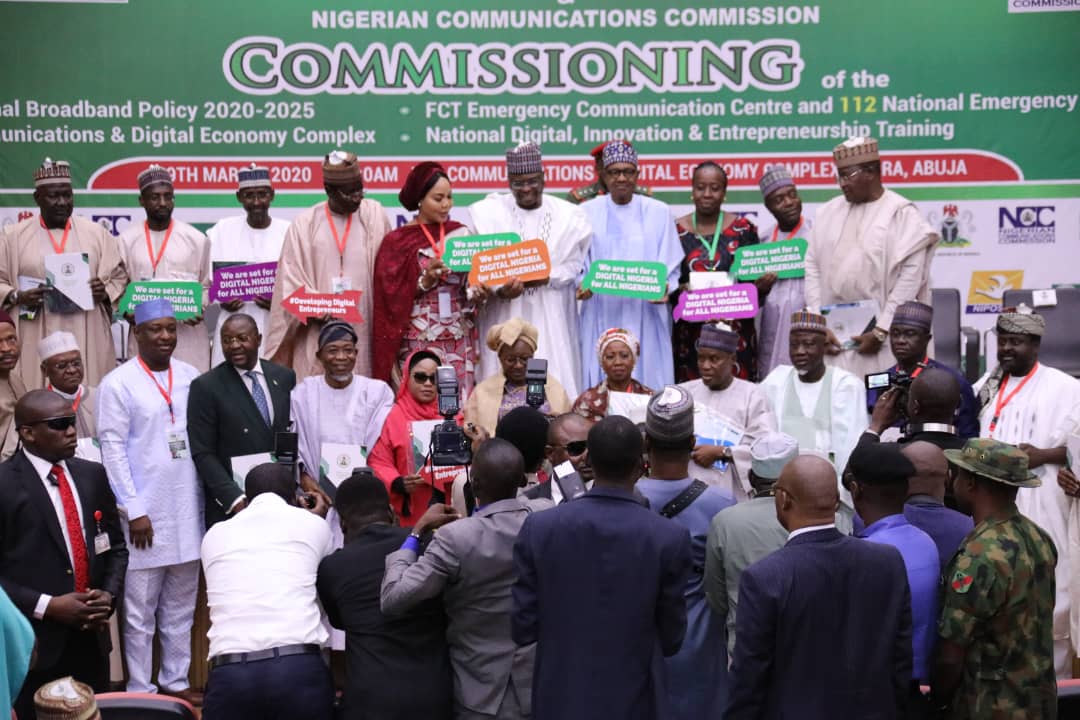NITDANigeria's tweet photo. Photo news:
@MBuhari officially commissioned the National broadband policy2020-2025,Communications &amp; Digital Economy Complex,FCT Emergency Communications Centre and 112 National Emergency Toll Free Number, National Digital, Innovation &amp; Entrepreneurship Training. https://t.co/4HN8hoAD3i