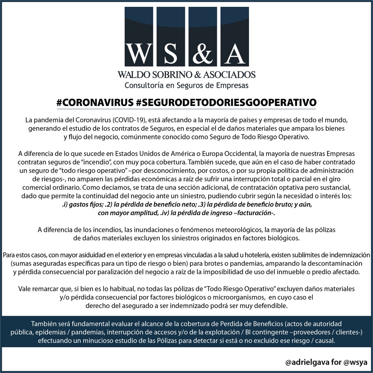 wsyasociados's tweet image. #Coronavirus #SegurodeTodoRiesgoOperativo

➡ Nota completa
facebook.com/wsyasociados/

Contáctenos:
✉ consultas@wsya.com.ar
📲+54 11 5278 8000
💻 wsya.com.ar
.
.
.
#wsya #waldosobrino #mercedestortorelli #adrielgava #sebastiancerda #abogados #seguros #segurosempresas