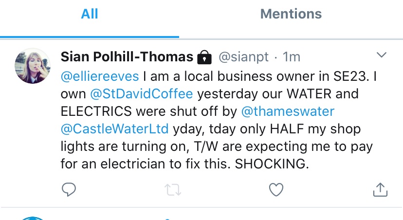 Please retweet. On top of everything - Thames water messed with our electric yesterday leaving us dark for hours, this morning only half our shop is in light, they r denying they turned off the electrics &amp;basically refusing to help me. Instead expecting me to get an electrician.