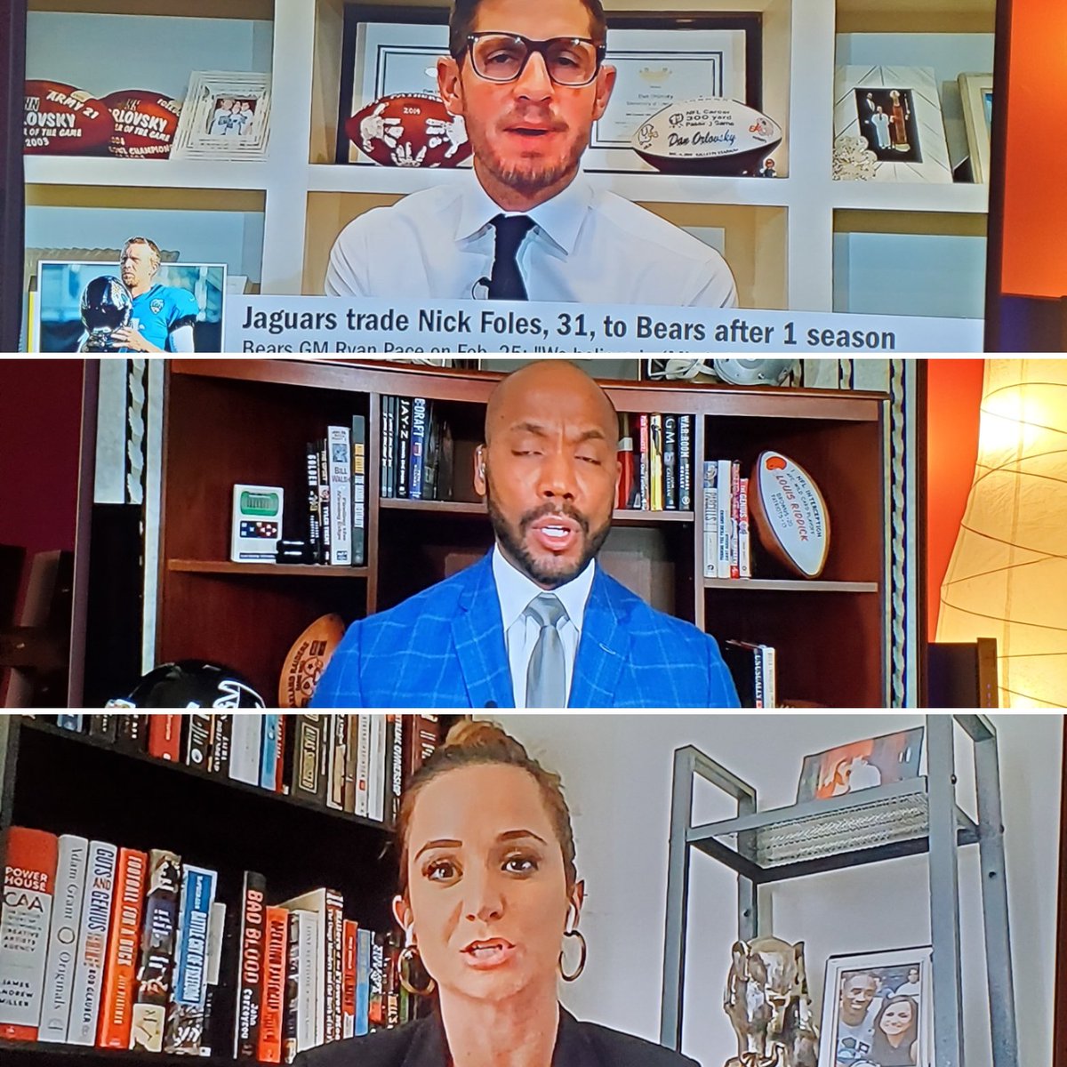 . <a href="/espn/">ESPN</a> must require their reporters working from home to do their stand ups in front of bookshelves. <a href="/danorlovsky7/">Dan Orlovsky</a> definitely has the best shelving so far.