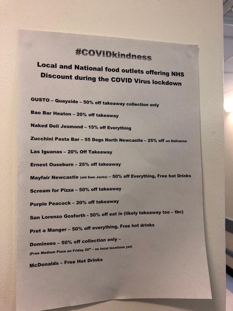 nadiastock's tweet photo. NHS staff! My SHO has spent this morning calling various eateries/takeaways to ask if any discounts for NHS staff during #COVID19. This is what he has so far (mainly local for us in Newcastle but some national chains) Thank you to everyone supporting NHS workers! #COVIDkindness https://t.co/ypR9vEmho3