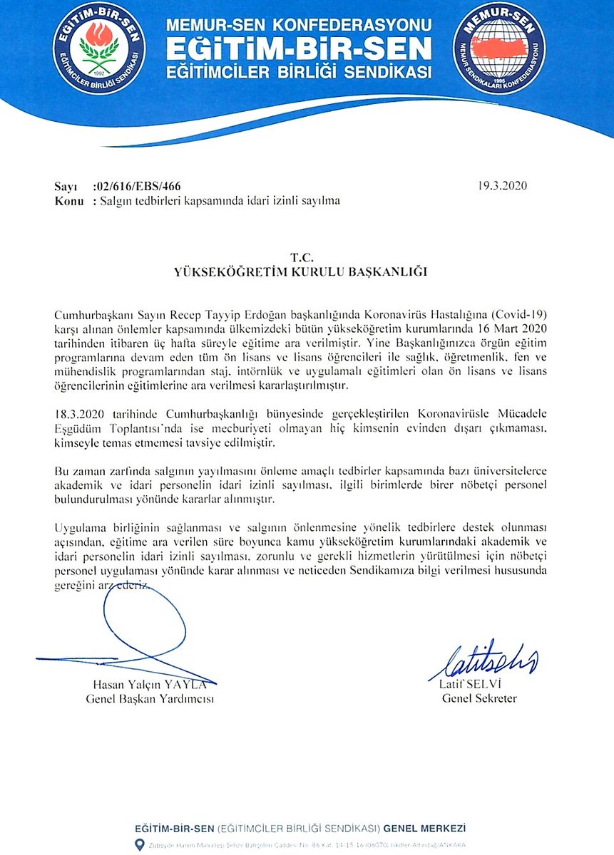 msamihoca's tweet photo. YÖK'ten,
Cumhurbaşkanımız 
Sn. @RTErdogan
Başkanlığında dün yapılan 
Eşgüdüm Toplantısında, salgının daha fazla yayılmaması ve alınacak önlemler çerçevesinde, bu süreçte 
Üniversite akademik ve idarî personelin, idarî izinli sayılmasını istedik.
@yekta_sarac 
@Mehmet_s_celik https://t.co/9huheryzxh
