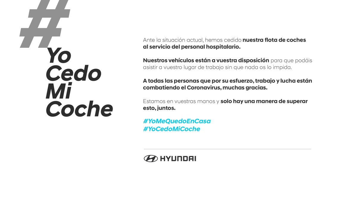 Ante la grave situación actual, hemos puesto a disposición del personal hospitalario nuestra flota de vehículos para que quienes combaten el #CoronavirusESP acudan a sus puestos de trabajo. Aprovechamos la ocasión para agradecer su gran esfuerzo #YoMeQuedoEnCasa #YoCedoMiCoche