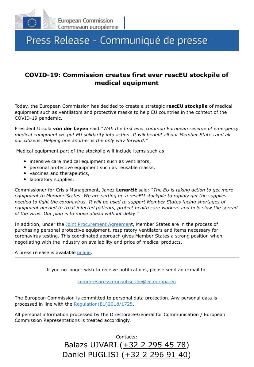 #COVID19: EU creates first ever common European stockpile of emergency medical equipment, to include ventilators, protective equipment, vaccines, and lab supplies.

How it will work → europa.eu/!WP63vQ #rescEU