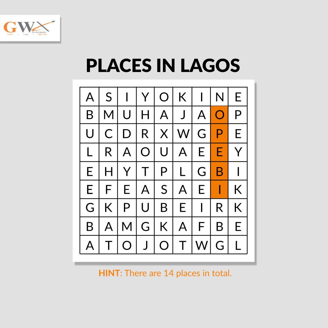 gwxlogistics's tweet photo. Let's play a game of places: Tell us how many places in Lagos you can spot in the puzzle. We solved one for you already.

PS: We deliver across Lagos and offer both pick-up and doorstep deliveries.

#GWXLogistics #WeDoLogistics #thursdaytrivia https://t.co/LcxkCbdx5m