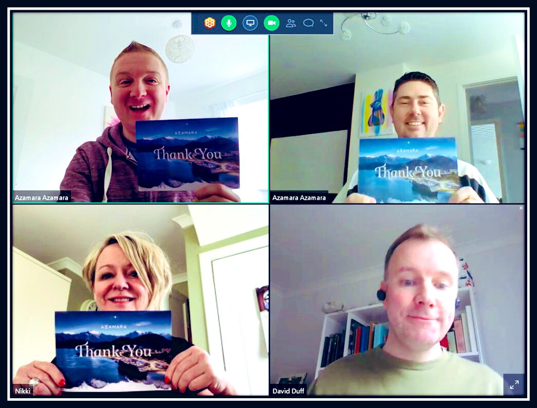 StuartPcruise's tweet photo. @Azamara UK, We maybe working from home, but that does not stop Team Azamara sending a huge **THANK YOU** 🙏 and love 💕 to all our AzAmazing Travel Partners!! 🌍 #StayStrong #ComeBackStrong #TourismStrong #NewTeamCalls https://t.co/6ZryAVsxAX