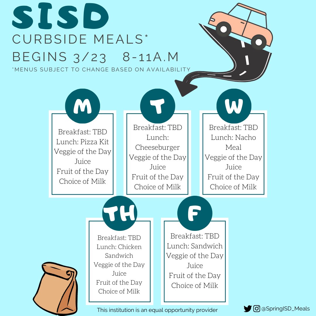 Spring ISD Nutrition (@springisd_meals) on Twitter photo Curbside lunch menu starting Monday 3/23. Menus are subject to change based on campus availability. Breakfast menus have not been posted due to variability. Each breakfast will come with an entree, fruit, juice, and milk of choice. <a href="/SpringISD/">Spring ISD</a> #BelieveInSpring #SchoolMeals Curbside lunch menu starting Monday 3/23. Menus are subject to change based on campus availability. Breakfast menus have not been posted due to variability. Each breakfast will come with an entree, fruit, juice, and milk of choice. <a href="/SpringISD/">Spring ISD</a> #BelieveInSpring #SchoolMeals
