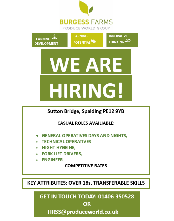 burgess_farm's tweet photo. WE ARE HIRING! If you have been laid off or are looking for casual employment, contact us here at Sutton Bridge 🥔 https://t.co/I4zQeLcCzK