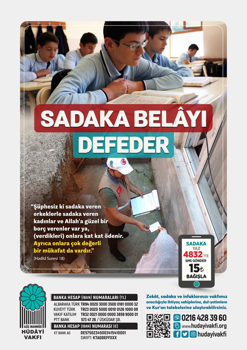 hudayivakfi's tweet photo. SADAKA BELÂLARA KARŞI MANEVİ KALKANDIR

Hadîsde buyrulur: “Sadaka belâyı defeder.” (Tirmizî,  Süyûtî, )

“Merhamet edenlere, Cenâb-ı Hak merhamet eder. Siz yeryüzündekilere merhamet edin ki, gökyüzündekiler de size merhamet etsin…” (Tirmizî, Ebû Dâvud)

https://t.co/7VJY2LXiz4 https://t.co/L1xbeQHcDq