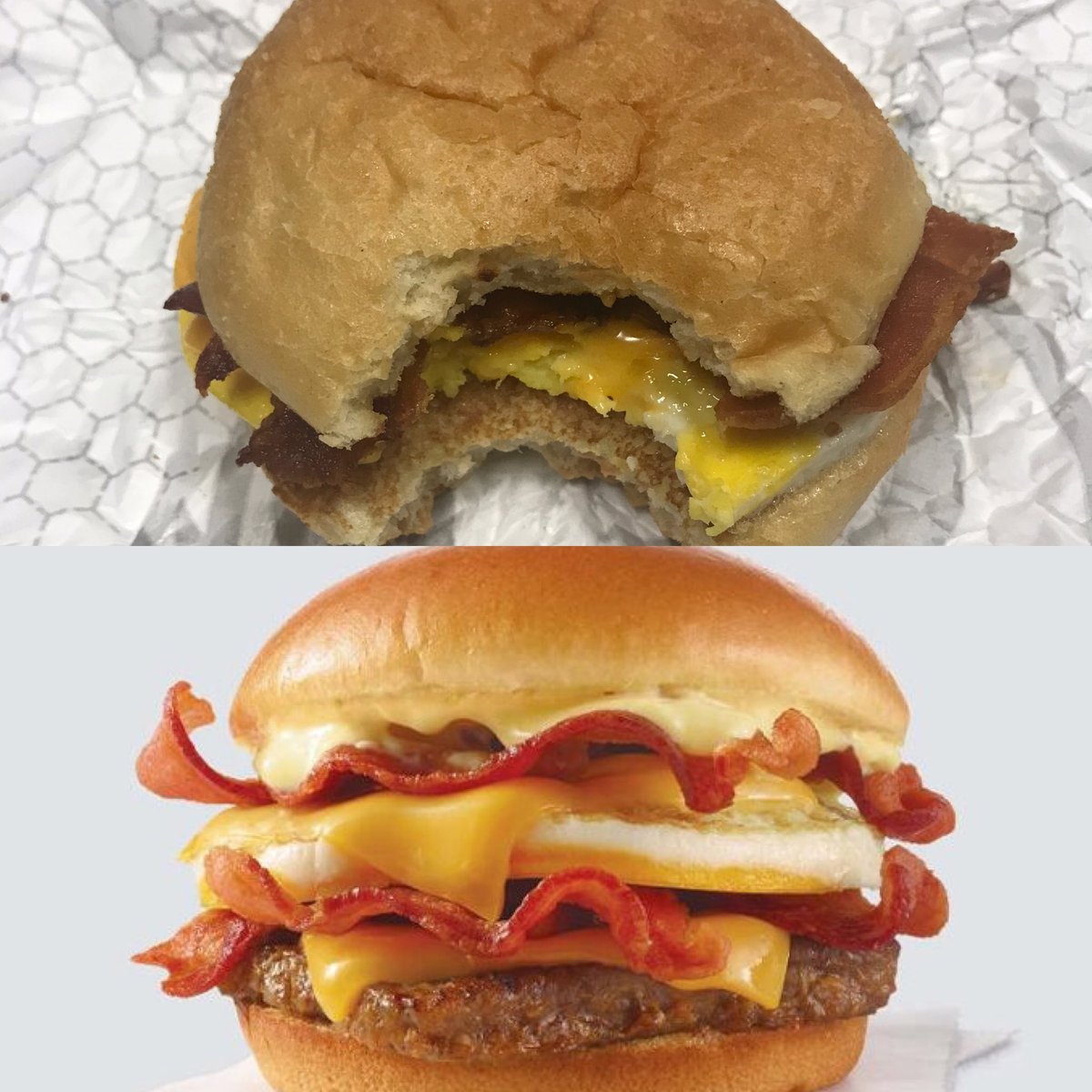 DougYocco's tweet photo. Common ⁦@Wendys⁩, very disappointed in the Breakfast Baconator. Think the South St. Louis location was still sleeping as it only has three slices of bacon and no burger... https://t.co/LWqvtWo7EY