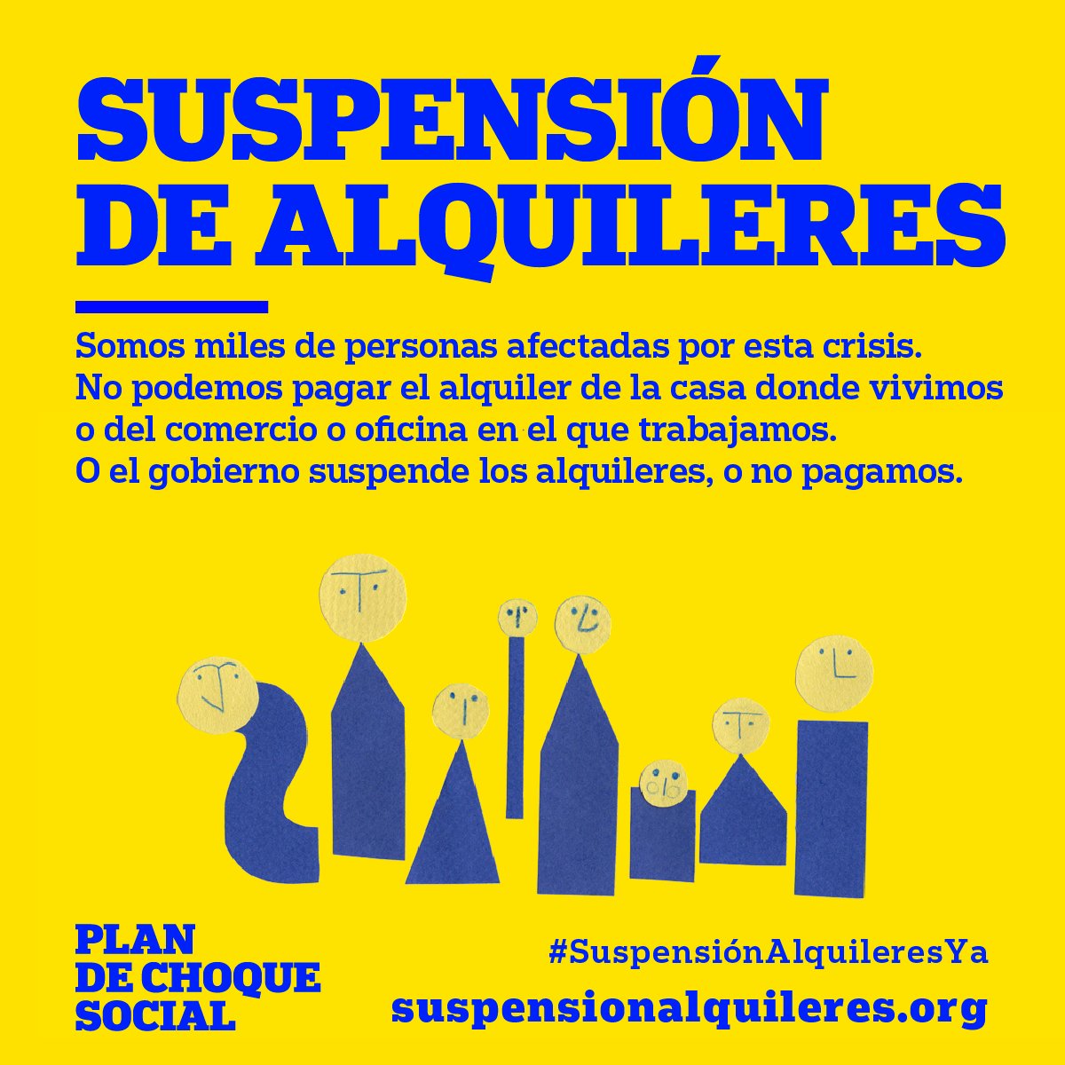 Exigimos al gobierno que suspenda el pago de alquileres de viviendas, locales y oficinas mientras dure esta crisis. 

Si no cobramos, no pagamos. 

Entra en suspensionalquileres.org y difunde. Que este mensaje llegue a todos los hogares. #SuspensiónAlquileresYA