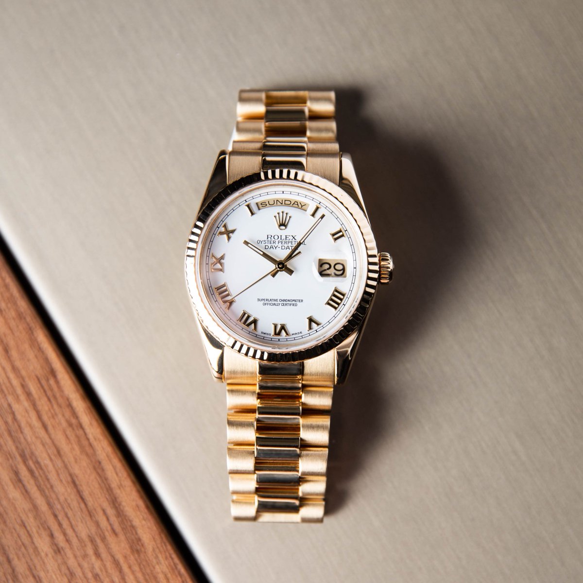 1916company's tweet photo. Which of these timepieces from Rolex do you prefer? On the left we have a V serial 41mm Day-Date II reference 218238 and on the right we have a classically sized Y serial 36mm Day-Date reference 118238.
Shop Rolex! - https://t.co/GhNJnUU2PT
#watchbox #rolex #daydate #daydate2 https://t.co/wMITkuWIqy