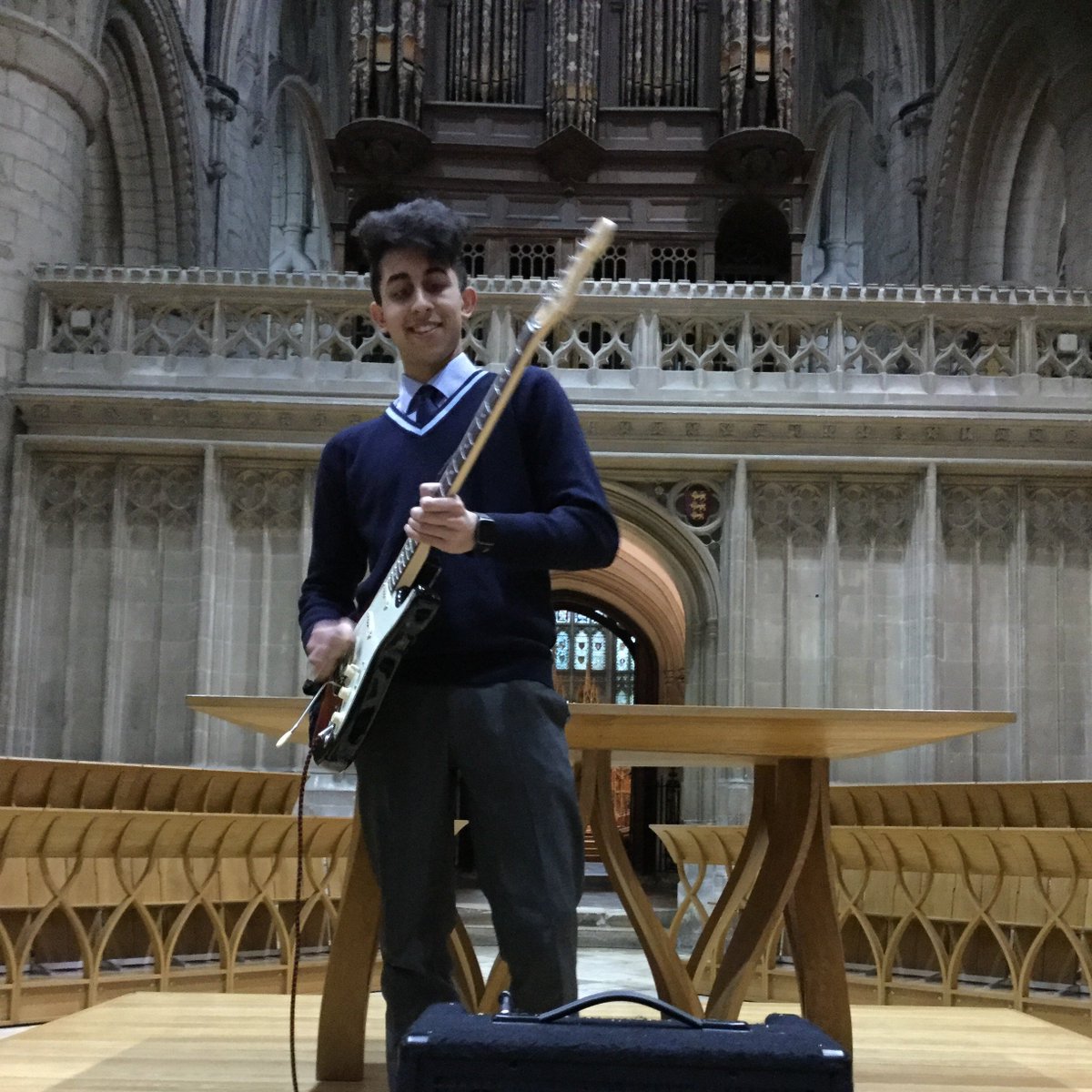 KingsSchoolGlos's tweet photo. In Assembly before school closes U6 pupil Aman, played an almost apocalyptic improvisation on the electric guitar, @deanstephenlake gave us words of hope, we sang 'Shine, Jesus, Shine' and left to a moving rendition of Nimrod. #KingsSchoolLife Listen here: https://t.co/nJefcJTBEh https://t.co/znjooFbetW