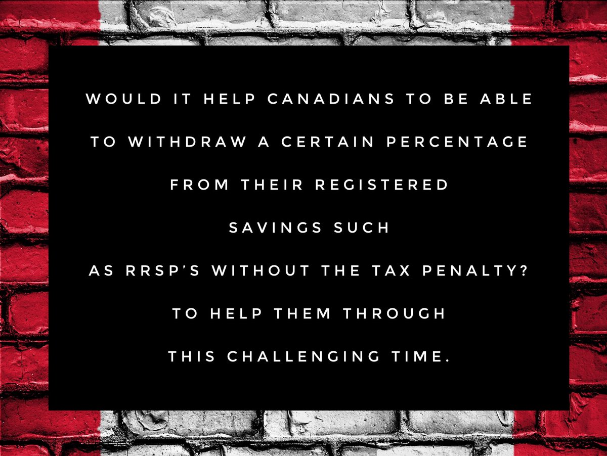 iamstacybrown_'s tweet photo. Food for thought 💭
Would it help Canadians to be able to withdraw a certain percentage from their registered savings such as their RRSP’s without a tax penalty? To help them through this challenging time. 
#canadastrong #coronavirusrelief #coronavirus #2020 #Covid19 #savings https://t.co/gww3w7rQhF