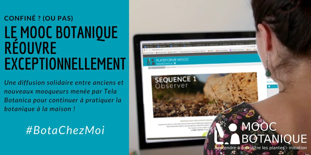 En période de confinement dû au #covid19, @TelaBotanica réouvre le #moocbotanique dans le cadre de sa campagne #BotaChezMoi ! Cette diffusion sera assurée sous le signe de la solidarité entre anciens et nouveaux mooqueurs ! Plus d'infos : bit.ly/33BgJ35