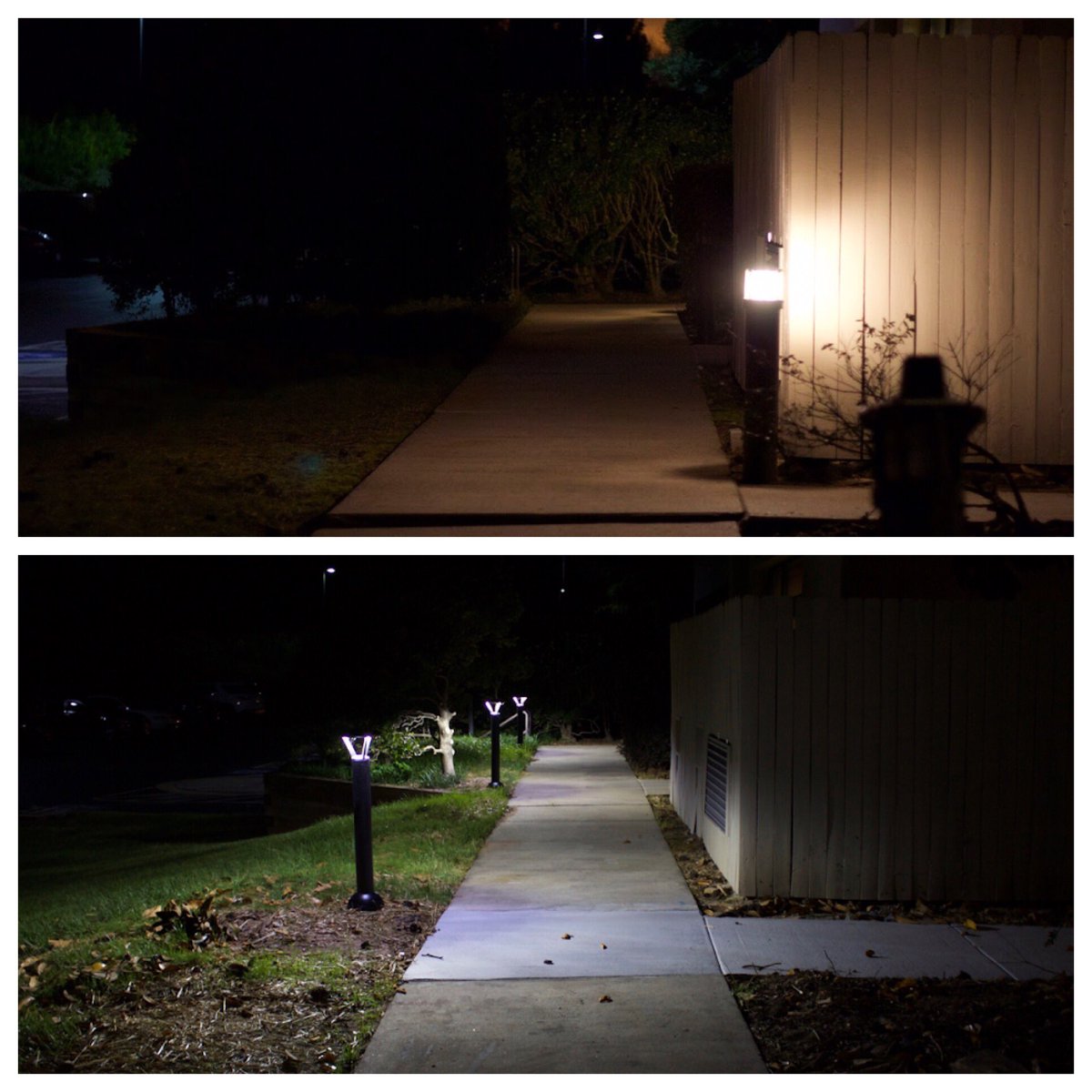 VossLighting's tweet photo. Here is a great example of how upgrading your bollard fixtures can improve the appearance and visibility of your space! #bollard https://t.co/V9RCR2FEX2