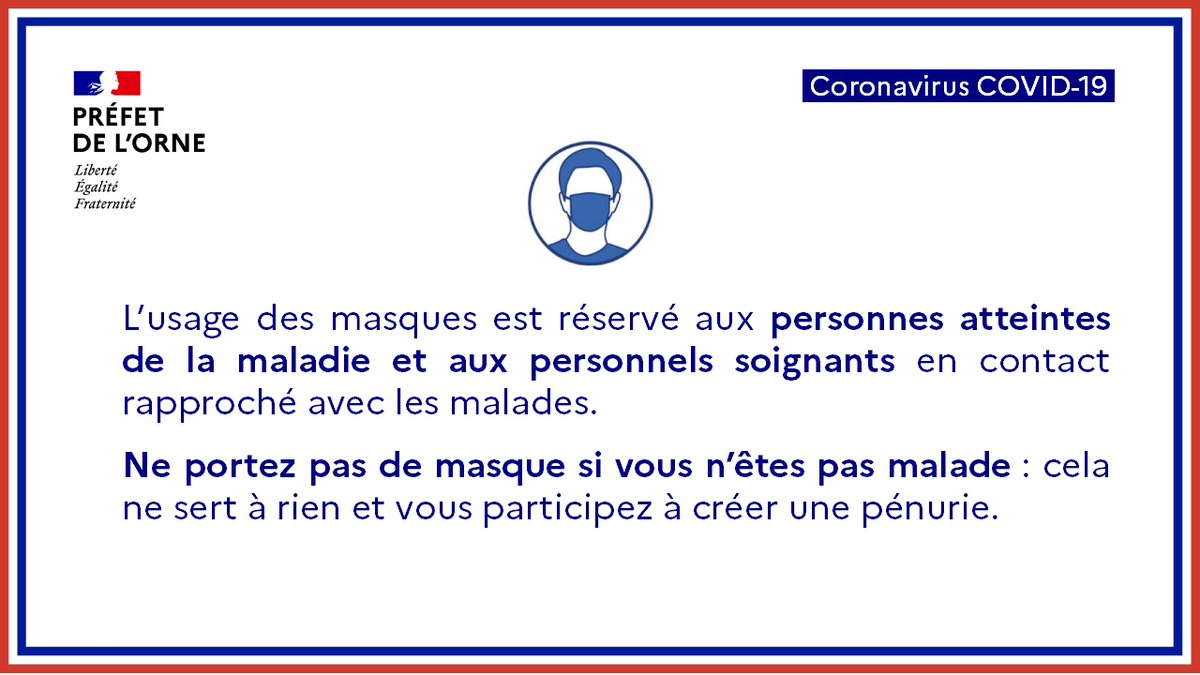 #Coronavirus |  Il faut porter un #masque 😷 uniquement si on est malade ou lorsqu'on s’occupe d’une personne présumée infectée par le coronavirus !