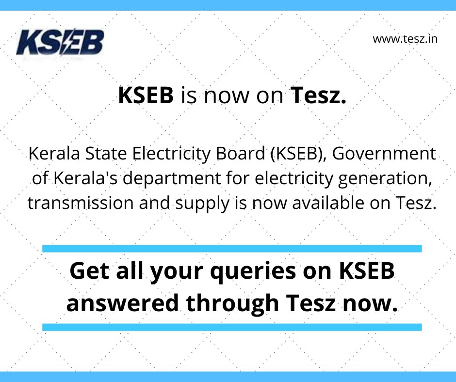 Government_Care's tweet photo. Kerala State Electricity Board Ltd is a public sector undertaking under the Government of Kerala, India, that generates, transmits and distributes the electricity supply in the state is now available on Tesz.
#KSEB #Tesz

Tesz welcomes KSEB onboard. https://t.co/OHXTAyzfLT