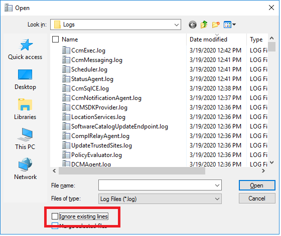 zvensch's tweet photo. Wondering that your #CMTrace shows empty logfiles? Make  sure "Ingnore Existing Lines" Checkbox is unchecked. #21DaysOfMEMTips #MEMCM #ConfigMgr #SCCM https://t.co/z0xBM1iGNg