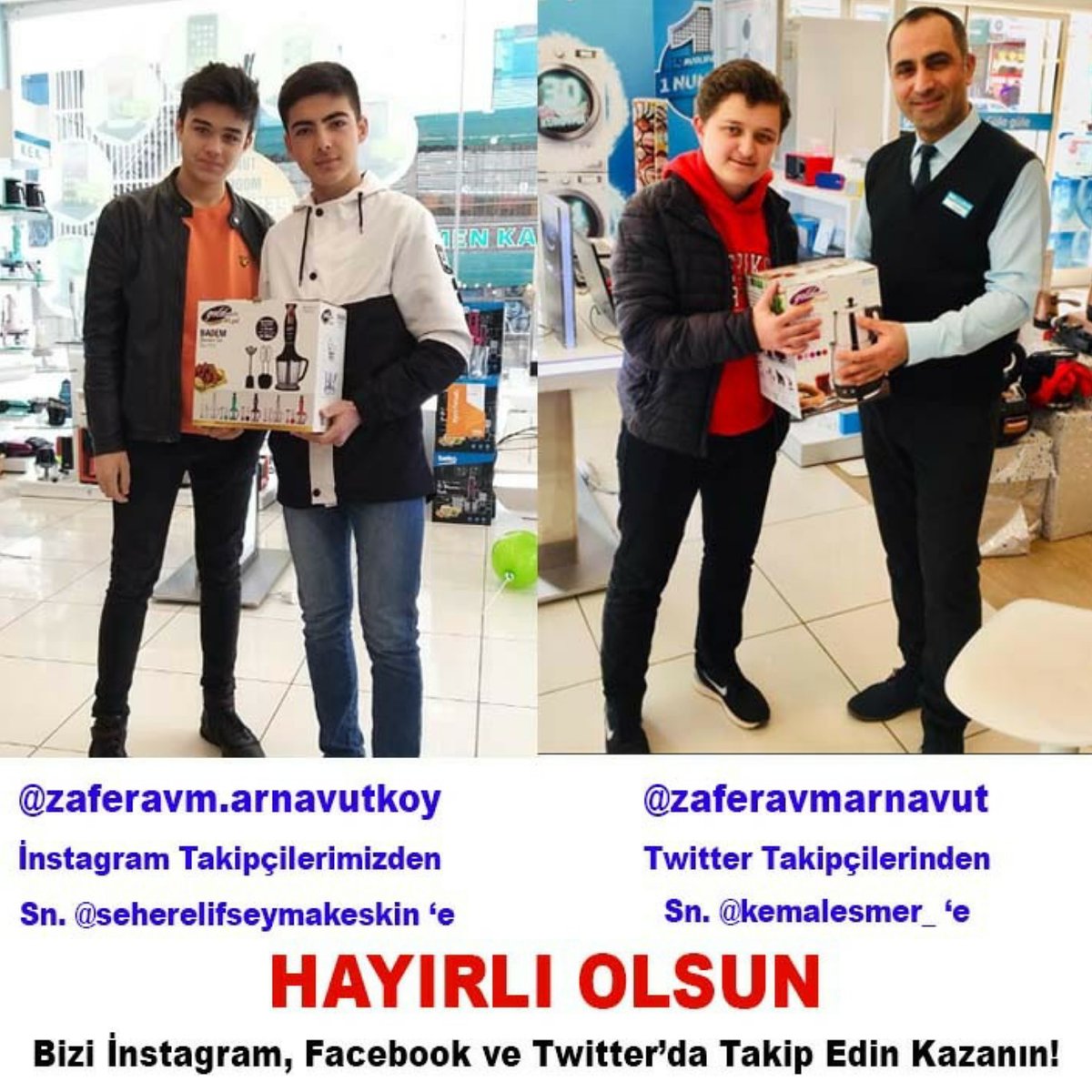 Çekiliş Kazananlarımiz Hediyelerine Kavuşuyor.
Instagram takipçilerimizden Sn. seherelifseymakeskin 'e ve Twitter takipçilerimizden @kemalesmer_ e hayırlı olmasını diliyoruz.
#zaferavm #zaferbeko #çekiliş #çekilişkazananı #çekilişsonucu #COVID19tr #PinarFidan #lcwaikiki #