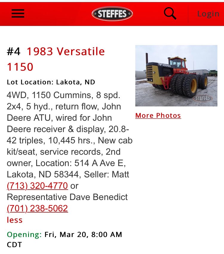 MattNelson87739's tweet image. We have a Versatile 1150 and a John Deere 8220T on the Steffes on-line timed auction starting 3/20/20. Both are in good shape and have been maintained and stored inside.