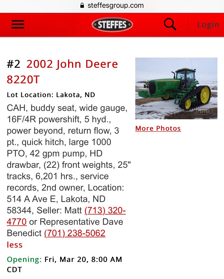 MattNelson87739's tweet image. We have a Versatile 1150 and a John Deere 8220T on the Steffes on-line timed auction starting 3/20/20. Both are in good shape and have been maintained and stored inside.