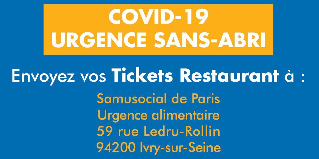 BNPParibas's tweet photo. Pour venir en aide aux personnes #sansabri fragilisées par la crise sanitaire, le @SamusocialParis collecte vos chèques déjeuner &amp; tickets restaurant. Nous en avons offert 20 000, et mettons notre compte Twitter à leur disposition pour relayer cet appel aux dons. #COVID2019france https://t.co/x6pj2kEod2